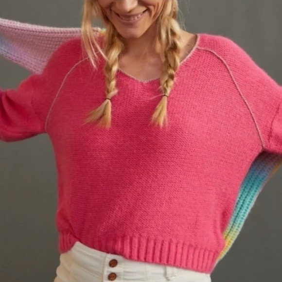 By Anthropologie Hot Pink Sweater With Gold Trim Size Medium - Picture 1 of 9